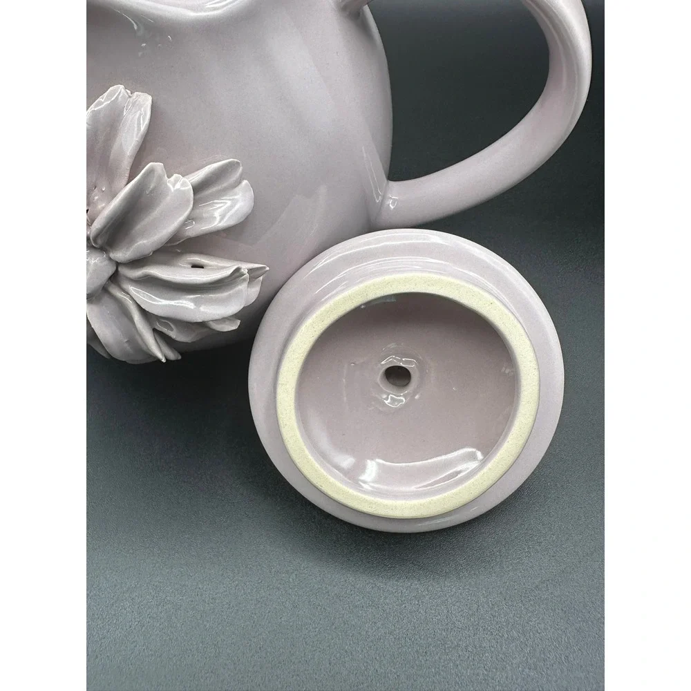 Lavender Ceramic Teapot 3D Floral Applique Scalloped Rim Vintage Pastel 6.5in